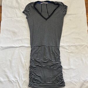 Athleta Black & Gray Striped ruched mini V-Neck Dress